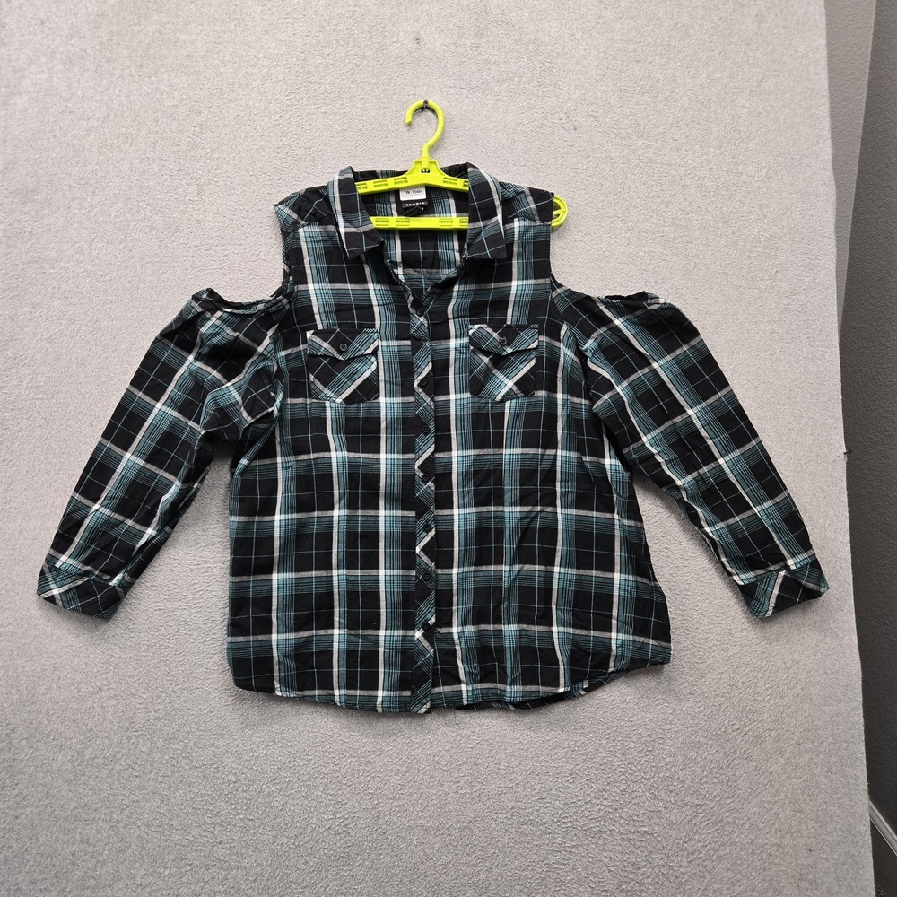 Torrid Women Button Up Shirt 3 Black Plaid Western Cold Shoulder Long Sleeve